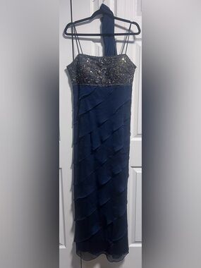 Vintage Ignite Evenings by Carol Lin Navy Beaded Bodice Layered Evening Dress